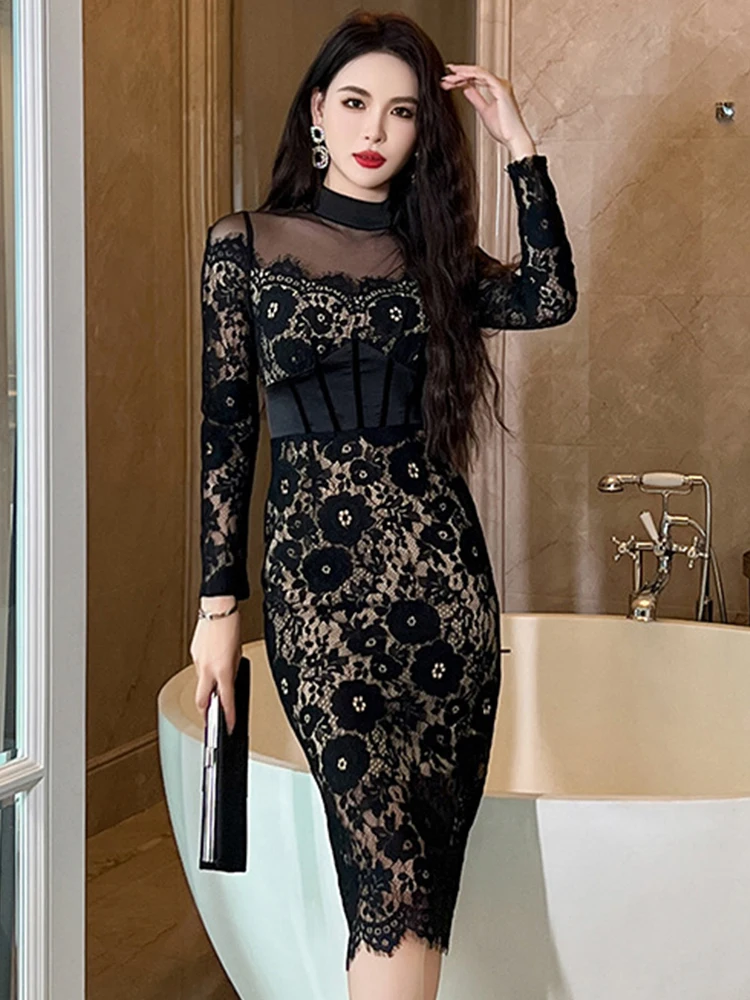 Abito da ballo da donna francese donna elegante Sexy maglia trasparente gancio in pizzo nero fiore Hollow Bodycon Robe Party Vestido banchetto