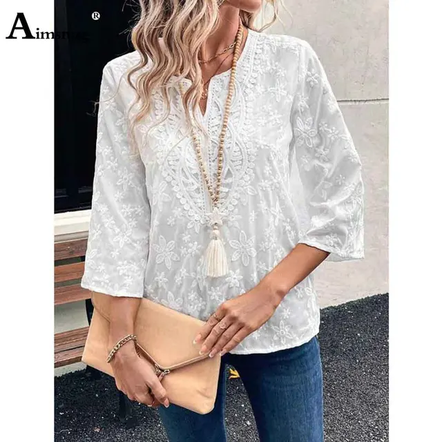 Blusa boho de verano con encaje bordado para mujer