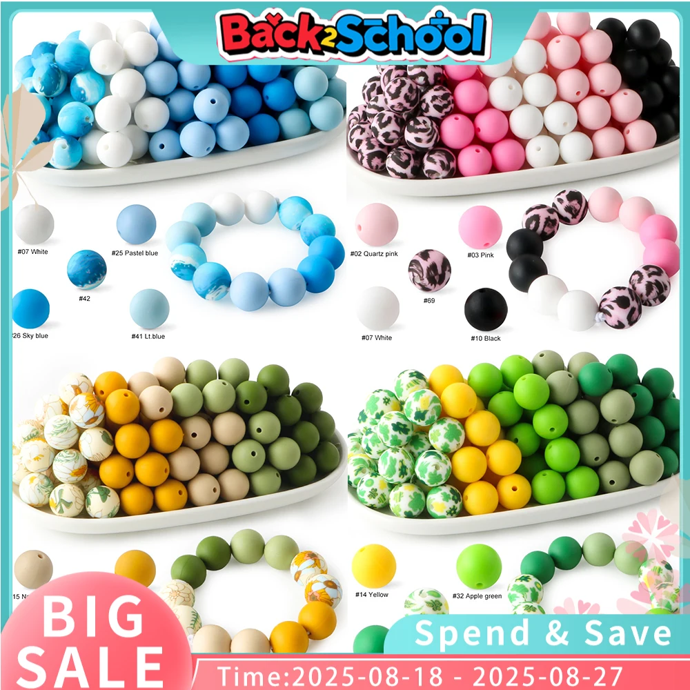 

30Pcs/Lot 15MM Silicone Beads Round Loose Mix Print Beads For Jewelry Making DIY KeyChain Pen Bracelet Necklace Accessories