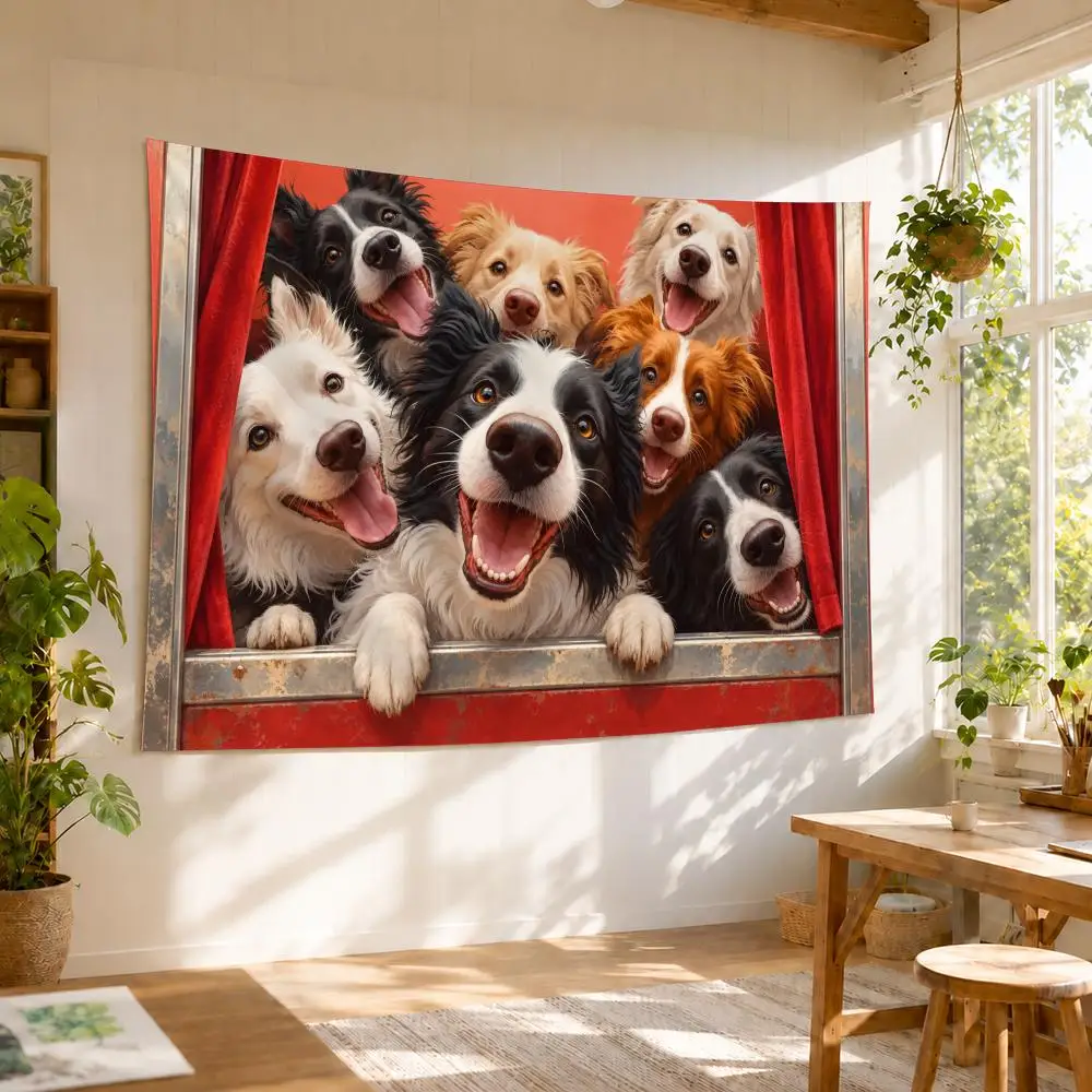 Funny Cute Cartoon Dog Taking Selfie Print Tapestry Durable Soft Horizontal Wall Hanging Decor For Bedroom Patio Garden Parties