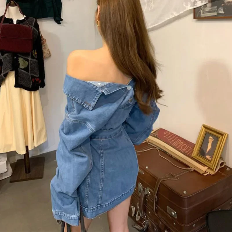 Vintage Off Shoulder Denim Jacket Women Korean Waist Lace Up Cardigan Tops Woman High Street Single Breasted Blue Jean Coats