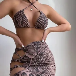 2023 Fashion New Swimsuit Sexy Split Snakeskin Weave Cross Drawstring Wrap Three-Piece Bikini Swimsuit Soak In Hot Spring