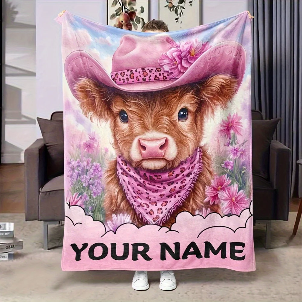 1pc Custom Cow Print Blanket with Personalized Name Soft Flannel All-Season Ideal for Sofa Camping Cute Cow Decor