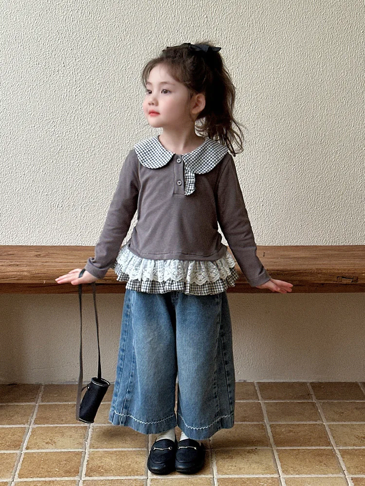 

Cute Girls Long Sleeve Tshirt Turn Down Collar Plaid Patchwork Lace Ruffle Tees Spring Autumn Korean Style Casual Baby Girl Tops