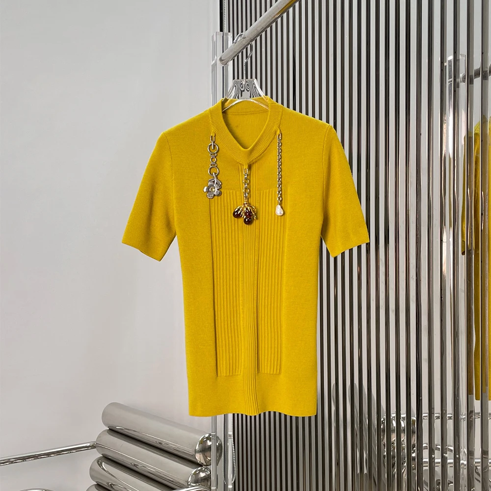 

Женский свитер из 100% шерсти с подвеской, элегантный пуловер с круглым вырезом и короткими рукавами, вязаный топ, зима 2025, новое поступление Y2K