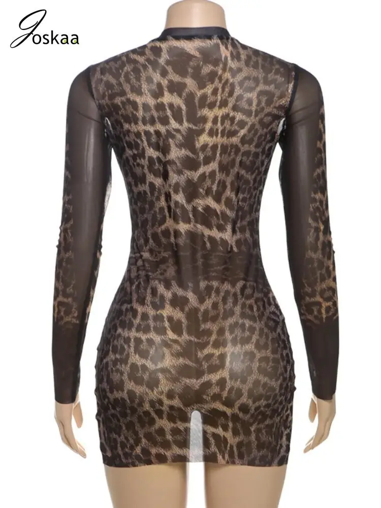 Joskaa Leopard Print Mesh See Through Mini Dress Women Sexy O-Neck Full  Sleeve Body-Shaping Vestidos Coquette Midnight Clubwear - AliExpress  200000345