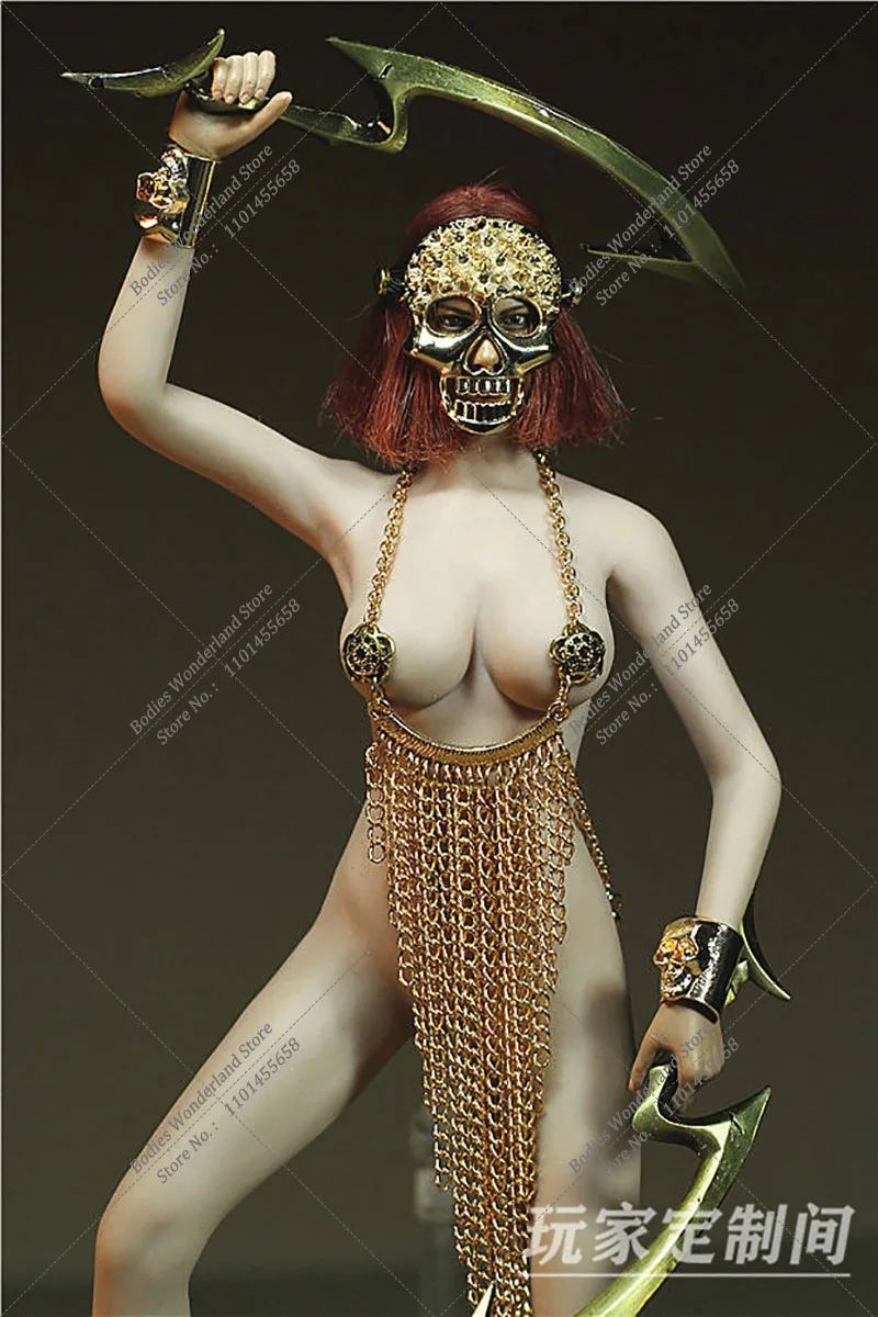 Customized Golden Skull/Antlers 1/6 Women's Strapless Metal Corset Tassel Skirt Dress Weapon Set for 12Inch Action Figure Body