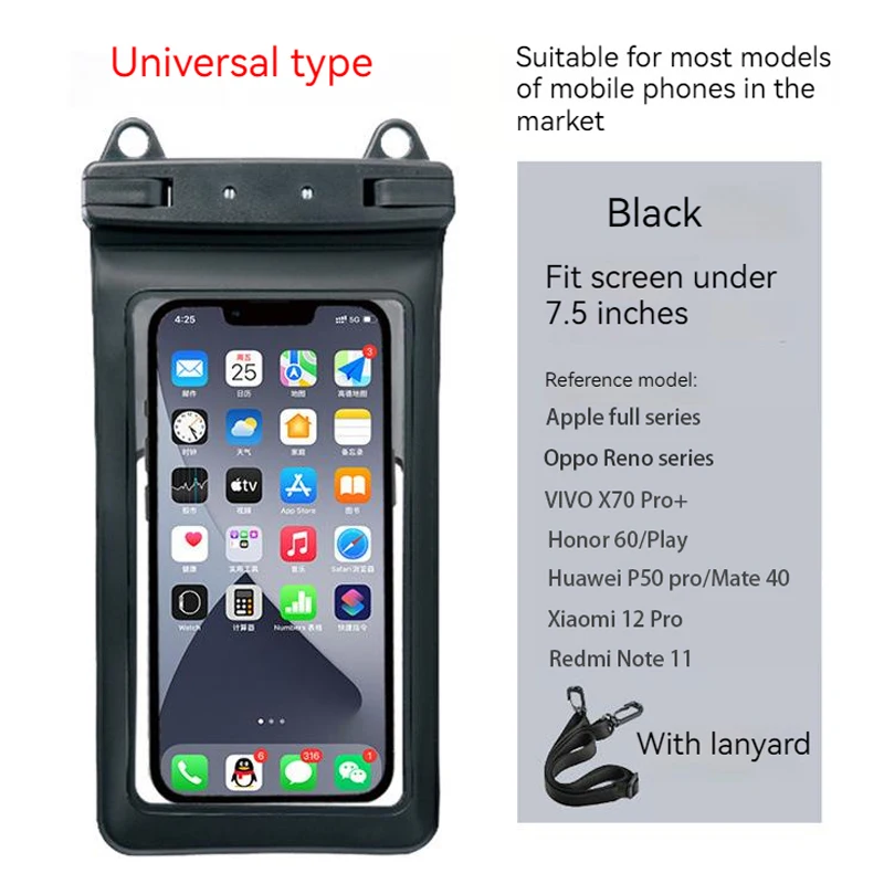 7.5 Inch Waterproof Phone Bag Diving Swimming Phone Case Cover Touch Screen Takeaway Rider Holder Beach Seaside Cellphone Pouch