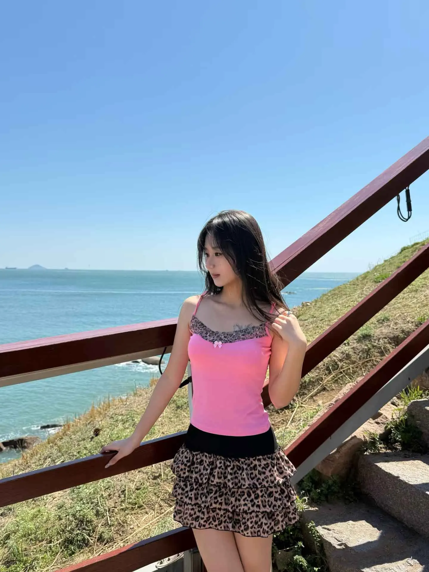 Lace patchwork bow leopard print tank top, versatile and slimming top for spicy girls