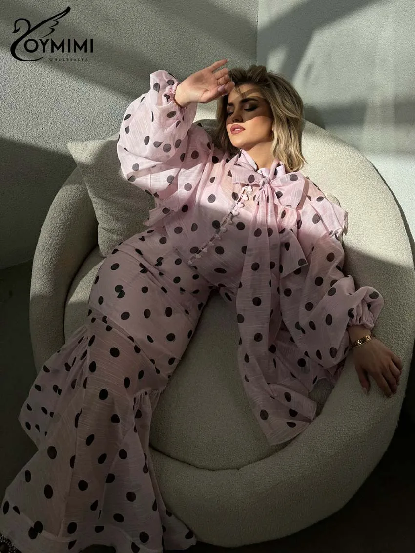 Oymimi Casual Pink Print 2 Pieces Set For Woman Fashion Lace-Up Puff Sleeve Button Shirts And High Waist Ruffled Skirts Sets