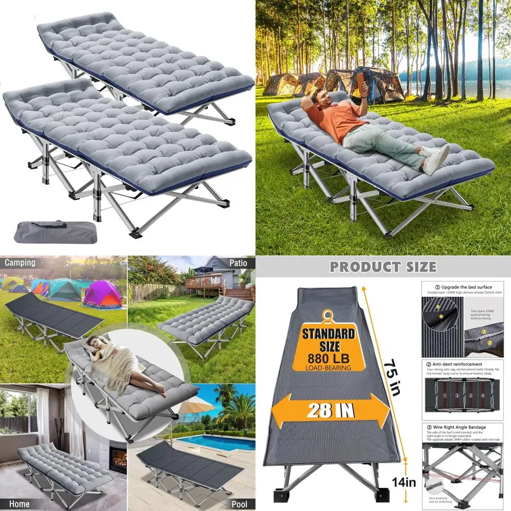 ชุดเตียงพับสำหรับตั้งแคมป์สำหรับผู้ใหญ่ พร้อมแผ่นรองนอน เตียงกลางแจ้งแบบแข็งแรง ทนทาน ผ้า Oxford 1200D พกพาสะดวกสำหรับการเดินทางและตั้งแคมป์