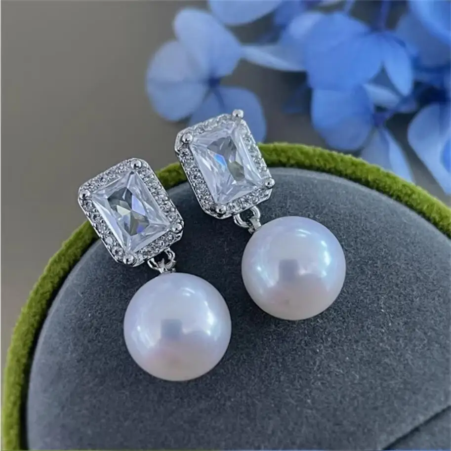 Elegant Pair of 10-11mm 9-10mm South Sea White Round Pearl Dangle Earring 925s