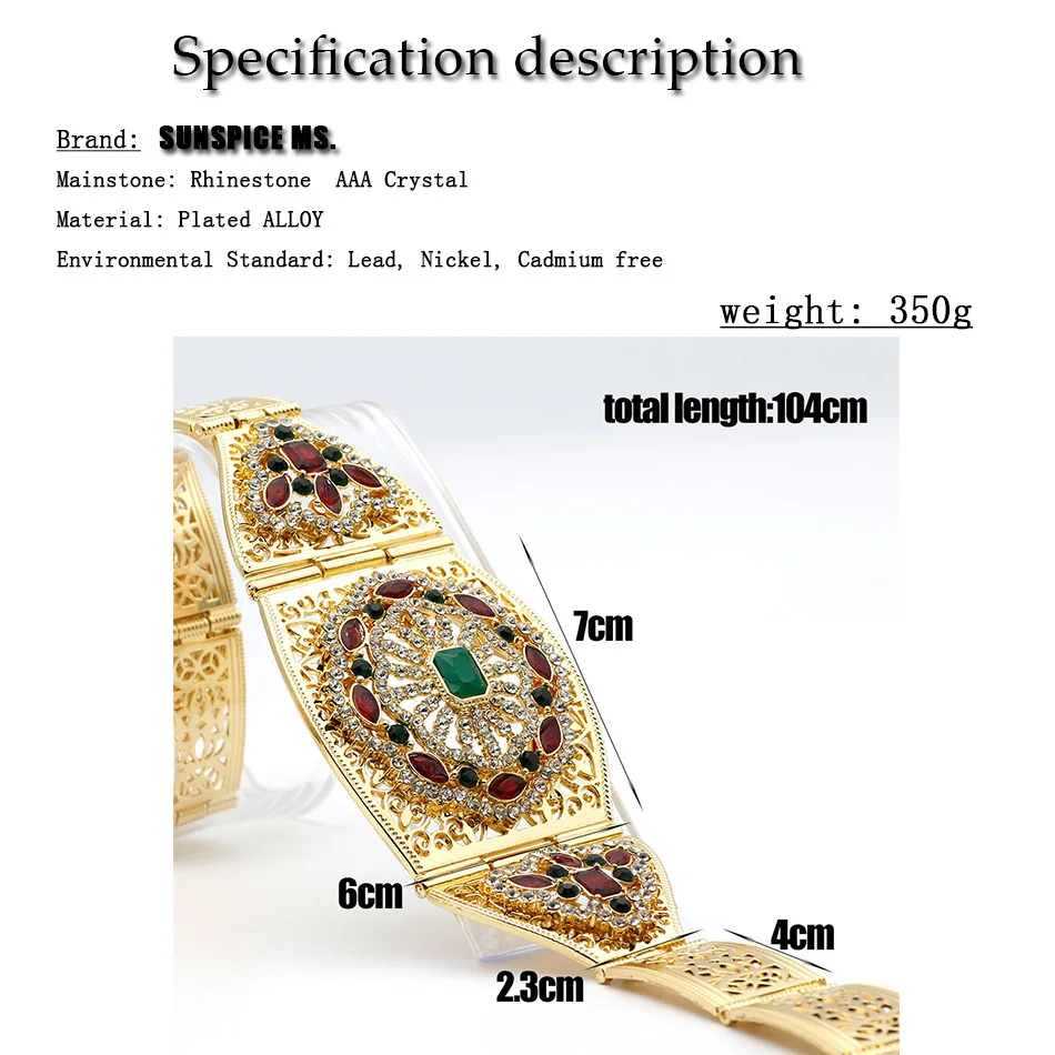 Sunspicems Morocco Belt Gold Color Arabic Women Caftan Dress Belt Algeria Bride Wedding Jewelry Crystal Body Chain Adjustable