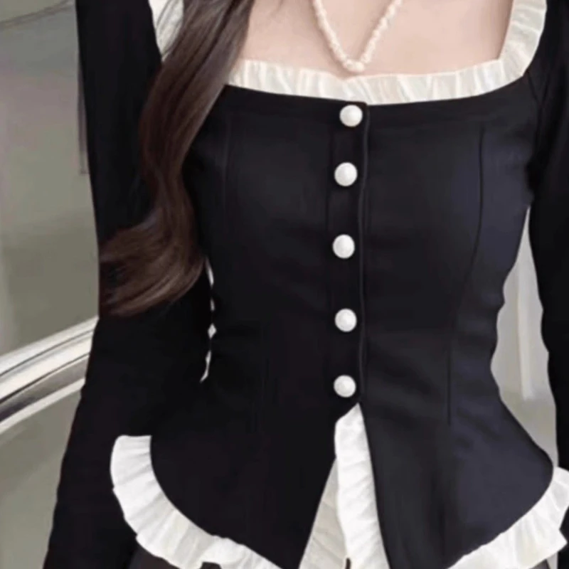 Little Incense French Temperament Square Collar Ruffled Shirts Female Autumn New High -level High -end Body Long Sleeve Top