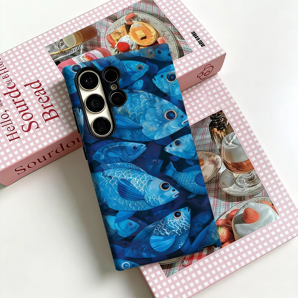 Azure Fish Swarm Fantasy Phone Case for Samsung Galaxy S25 Ultra S24 S23 Ultra Plus Shockproof Double Layer Back Cover
