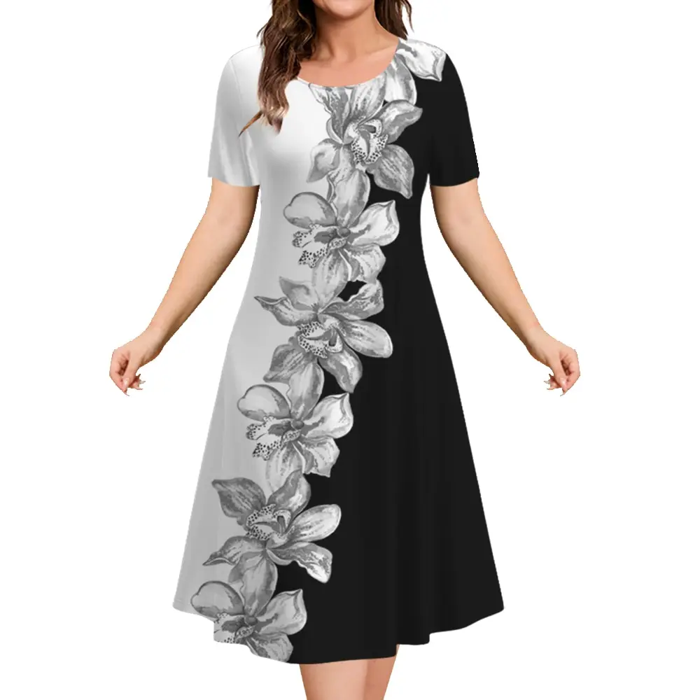 

2024 New Women Dresses 3D Flowers Pattern Short Sleeve Tops Casual Fashion A Line Skirt Summer Lady Oversized Vacation Dresses