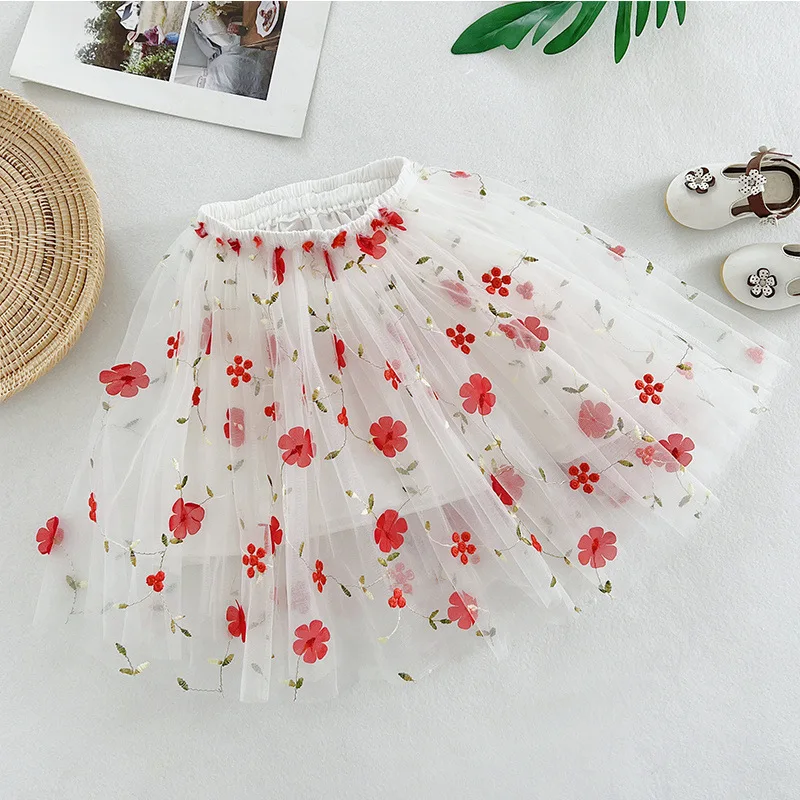 Image 4: Jupes en maille brodées de fleurs pour enfants, jupe Tutu de spectacle pour filles, jupe de princesse plissée, nouvelle collection été 2025