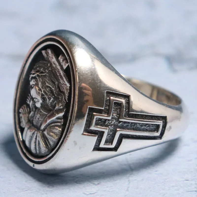 

19g Jesus Christ Cross Crown Of Thorns Signet Religious Art Relief Rings Customized 925 Solid Sterling Silver Ring Many Sizes 6