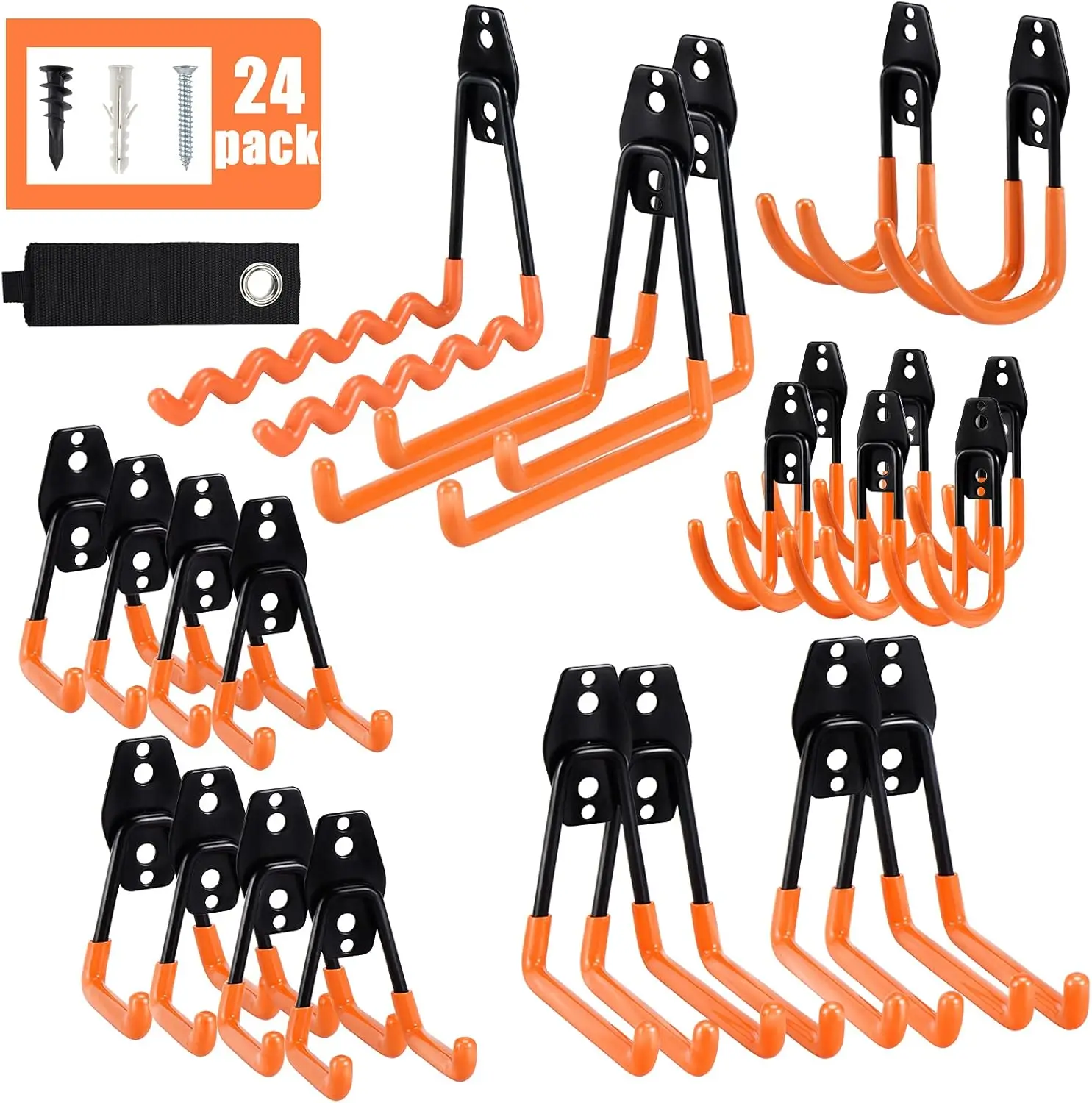 

24PCS Heavy Duty Garage Hooks, Wall Mount Organizer for Ladder, Tools, Bike Storage - Anti-Slip Design (Orange)