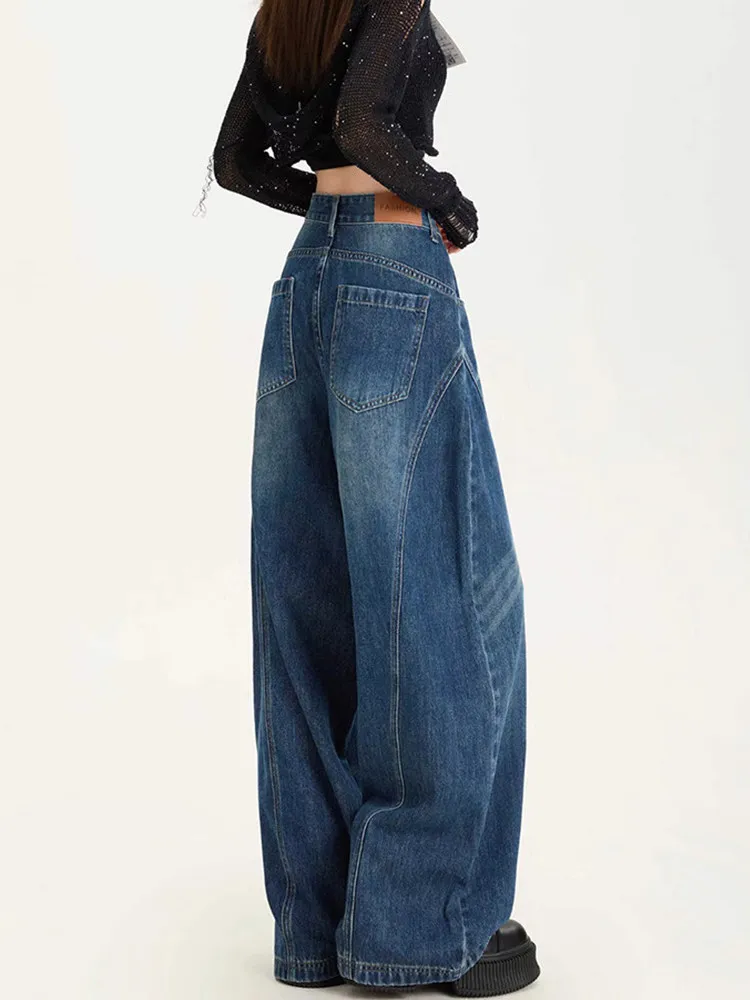 

Women's Blue Baggy Y2k Boyfriend Jeans Vintage Grunge Emo Wide Jean Pants Harajuku Oversize Denim Trousers Alternative Clothes