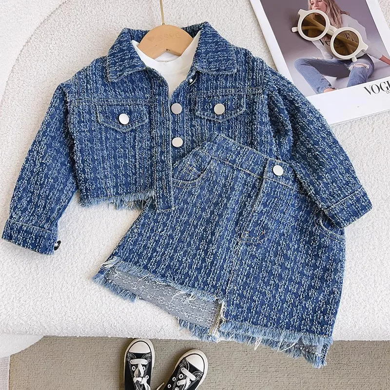 Girls Denim Clothes Sets Spring Autumn 2024 Children Denim Jackets Skirts 2pcs Dress Suit For Baby Outfits Kids Fashion Costume