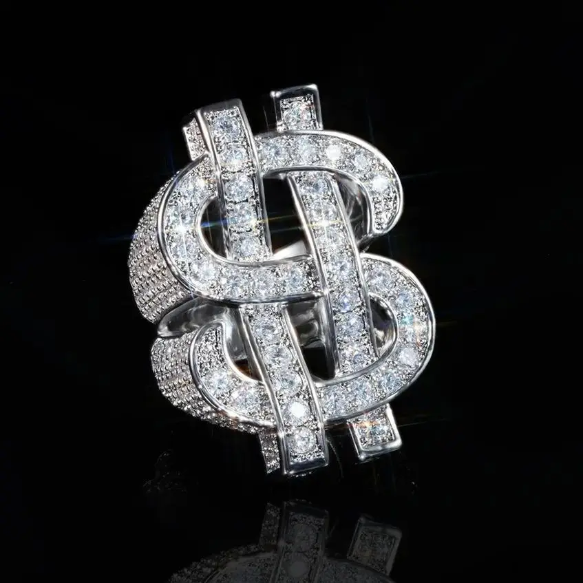 

Hot Sale Hip Hop Iced 5A CZ Hollow US Dollar Ring Rich Money Sign Bling Rings Punk Street Jewelry for Mens