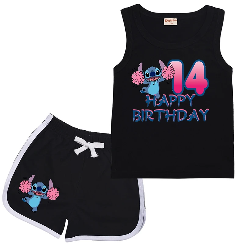 Children Stitch Sports Clothes Number 1-14 Suit Casual Sleeveless Disney Girl Boy Vest & shorts 2Pcs Sets Kids Summer Wear