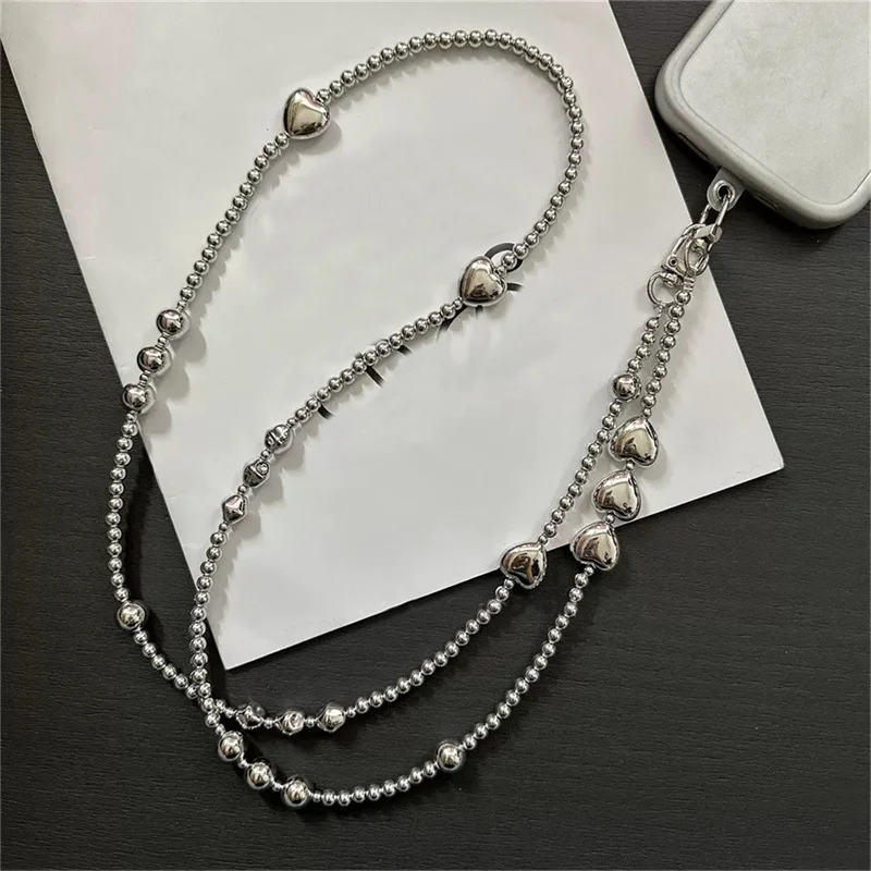 Korea Cute Silver Love Heart Bead Oblique Span Chain Phone Bracelet Charm Chain Knot Cellphone Lanyard Keychain Bag Long Lanyard