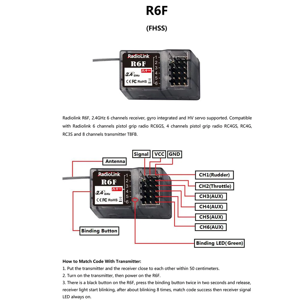 Radiolink R6F 2.4Ghz 6CH RC Receiver with Gyro Integrated and HV Servo Supported for RC4GS/RC6GS/RC4G/T8FB RC Transmitter