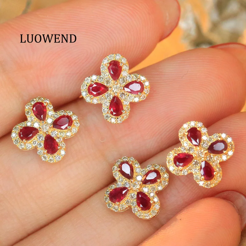 

Серьги LUOWEND из 100% 18-каратного желтого золота, романтичные, блестящие, роскошные, с бриллиантами и натуральными рубинами, для женщин, подарок на годовщину