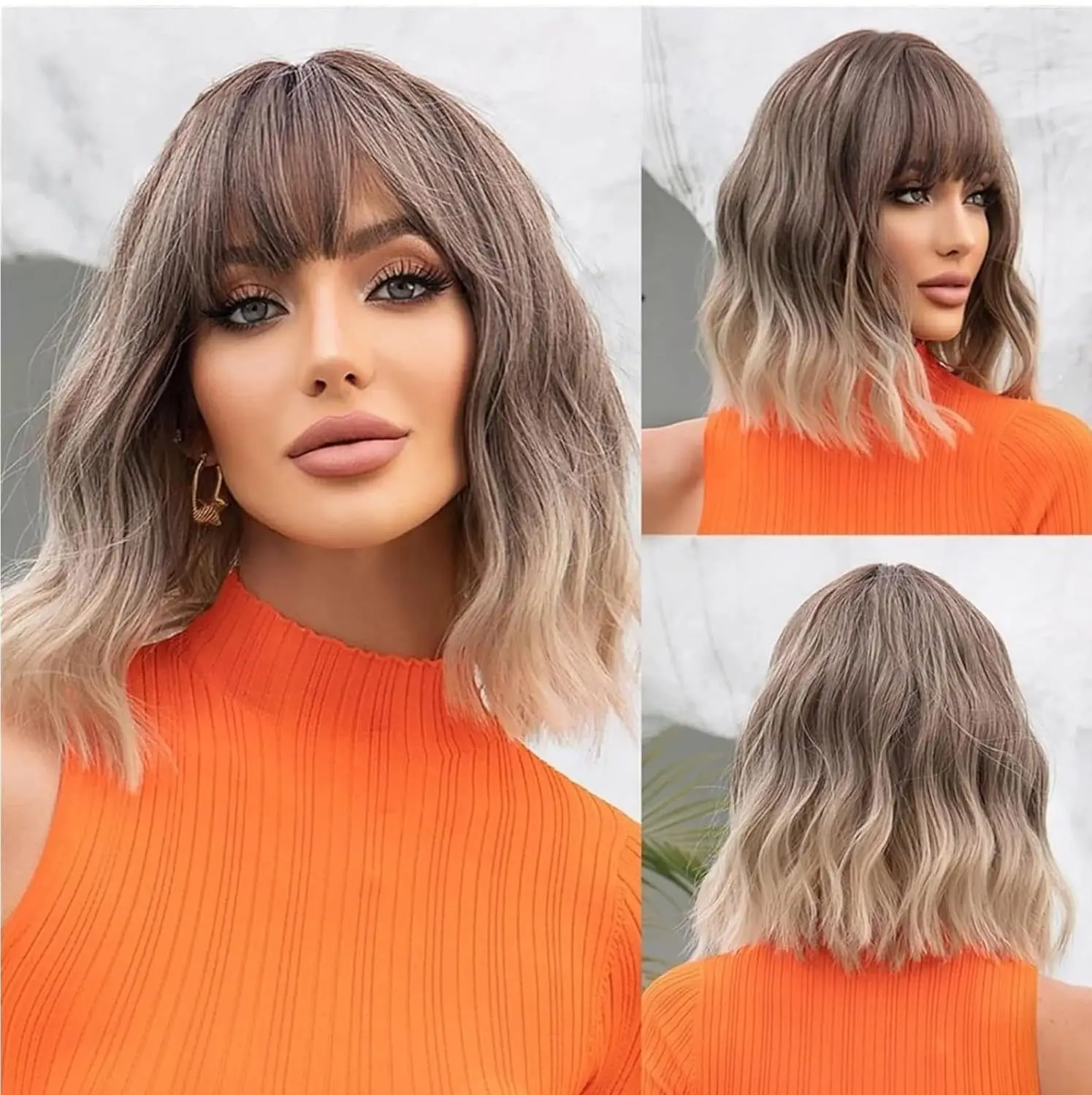 

European and American wigs women's short Bobo head short curly hair gradual change brown Qi bangs fluffy mechanism chemical fibe
