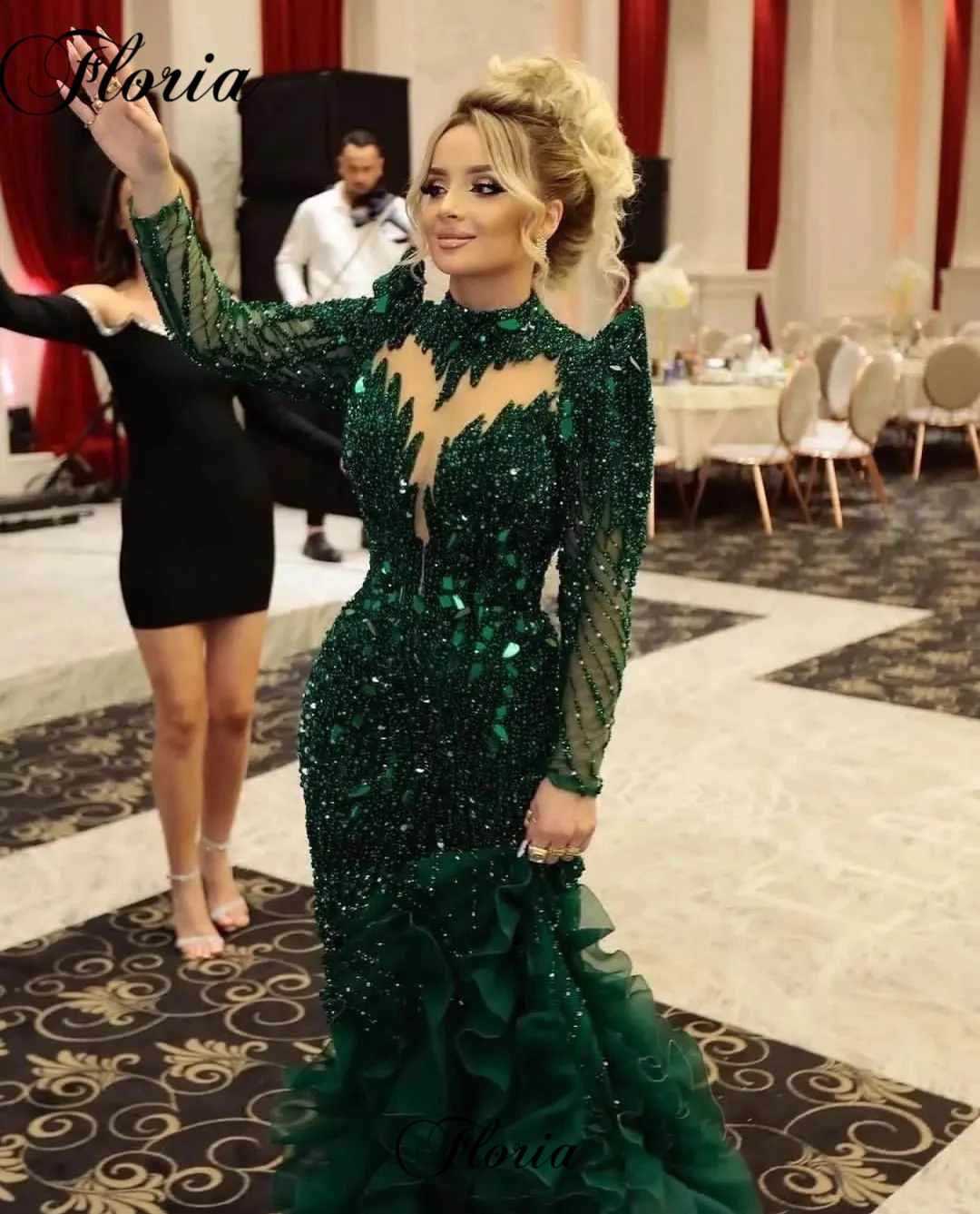 Green Long Sleeves Evening Dresses Mermaid Beaded Elegant Evening Gowns Wedding Party Dresses For Women 2023 Robes De Soirée