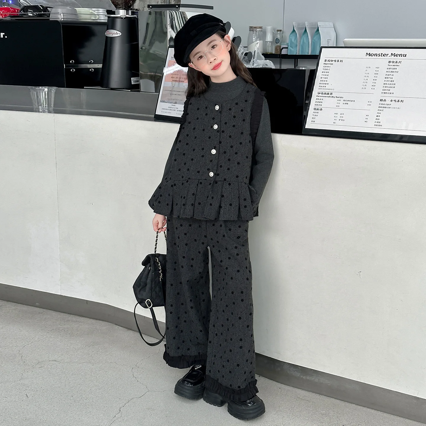 Cute Girls Autumn Sets Shirt Long Pants Polka Dot Pleated Vest Three-piece Autumn Set Children's Clothing Outfit for Teens Girls