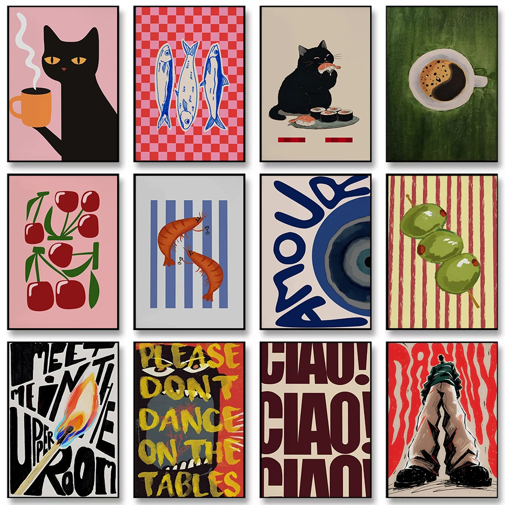 Retro Fun Cats Kitchen Fruit Fish Shrimp Letter Abstract Figure Canvas Painting Wall Art Poster Picture Home Decor Mural Cuadros