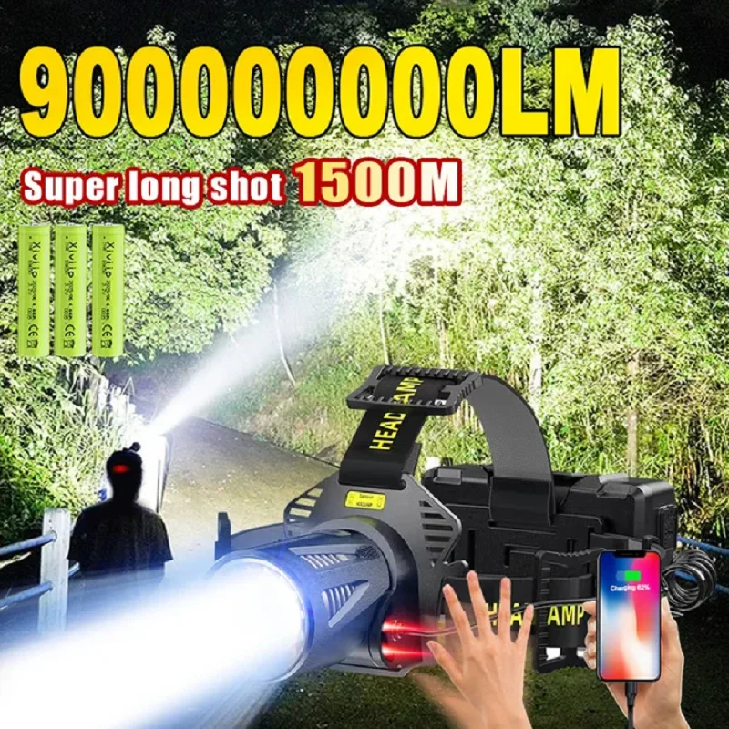 

900000000LM Powerful LED Headlamp Aluminium Alloy Headlight Rechargeable Led Headlight Camping Hunting Camping Fishing Lantern