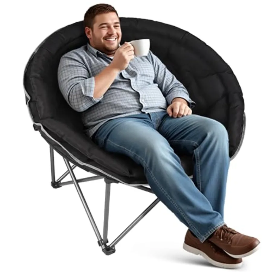 

Oversized XXL Folding Round Camping Chair for Outdoor Lawn and Indoor Use, Heavy Duty Steel Frame with Black Polyester Fabric,