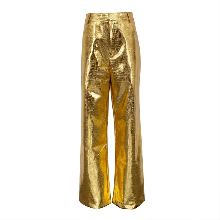 New Silver Leather Pants with Fashionable Scale Pattern, High Waisted Long Straight Leg Pants for Women