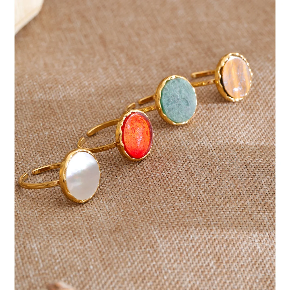 Yhpup Stainless Steel Stone Adjustable Ring for Women High Quality Natural Tiger Agate Shell France Popular Finger Jewelry Gift