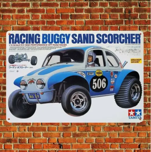 1pcs,Metal Poster Vintage Rc Car Tin Sign Plaque Tamiya Buggy Sand Scorcher Boxart