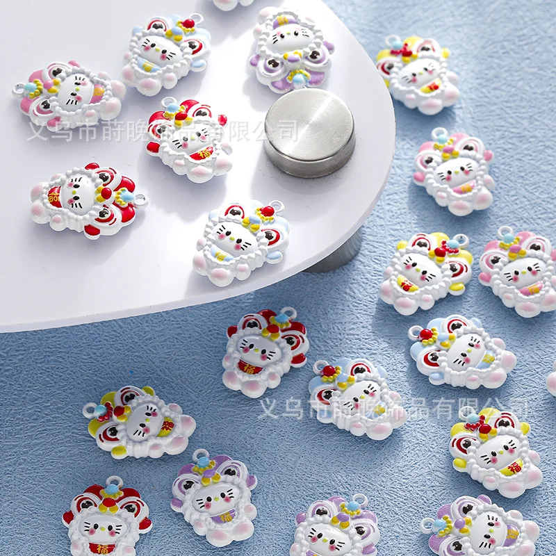 5pcs Zinc alloy paint Chinese style lion dance KT cat pendant DIY mobile phone chain keychain bracelet accessories pendant