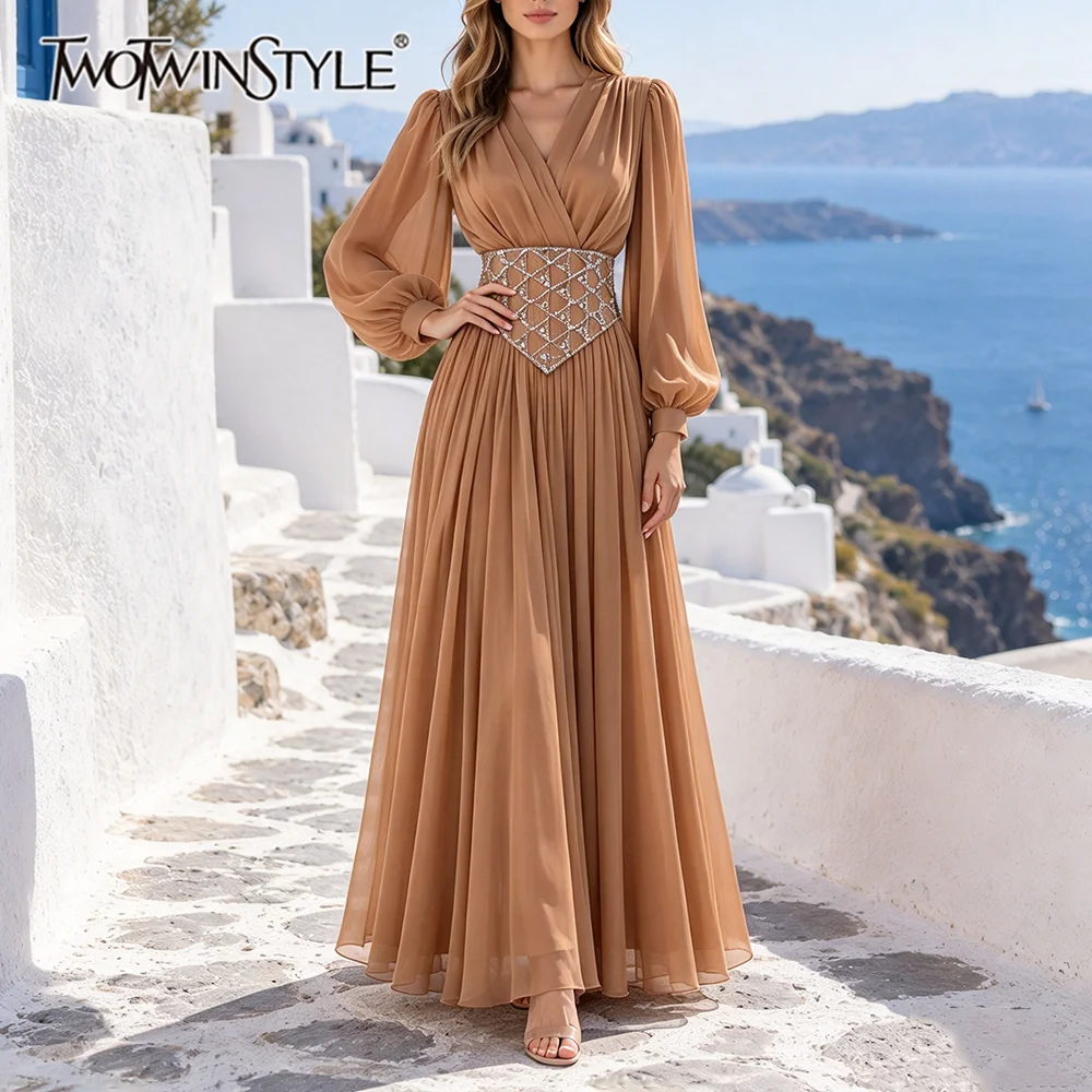 TWOTWINSTYLE Diamond Spliced Sheer Slimming Dress for Women V Collar Lantern Sleeve Patchwork Pleated Maxi Dresses Female Style