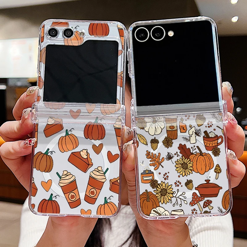 Autumn Pumpkin Pattern Magnetic Phone Case For Samsung Galaxy Z Flip 8 7 6 5 4 Flip7 FE Flip6 Flip5 For Magsafe Hard Back Cover