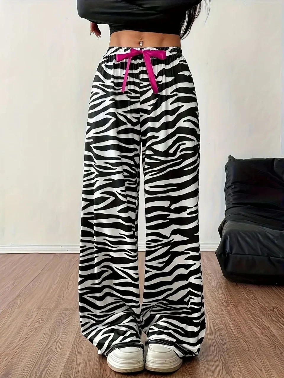 Women's Zebra Print Wide Leg Pants - High Waist Drawstring Baggy Trousers Y2K Streetwear Summer Casual Loose Pants