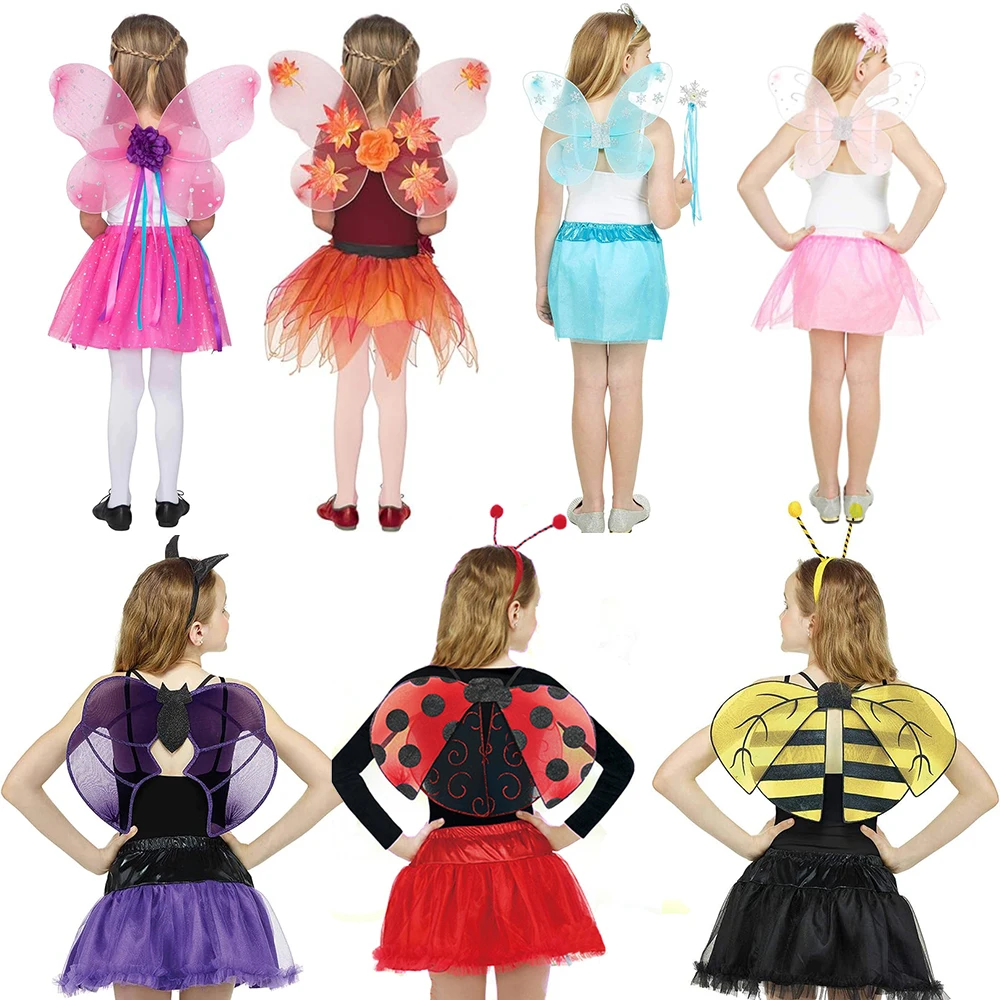 Girls Fairy Costume Bee Costume Kit Ladybug Kids Dress Up Tutu Skirt with Fairy Wings Headband for Birthday Party Set Costume