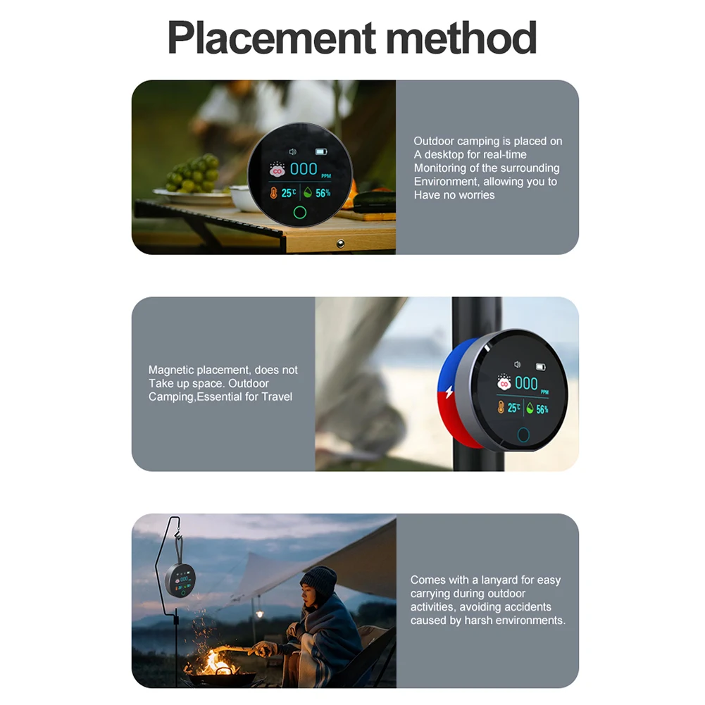 Detector de monóxido de carbono 3 en 1, Detector de Gas portátil de 1000mAh, Monitor de calidad del aire CO, alarma, Sensor de temperatura y humedad para campamento al aire libre