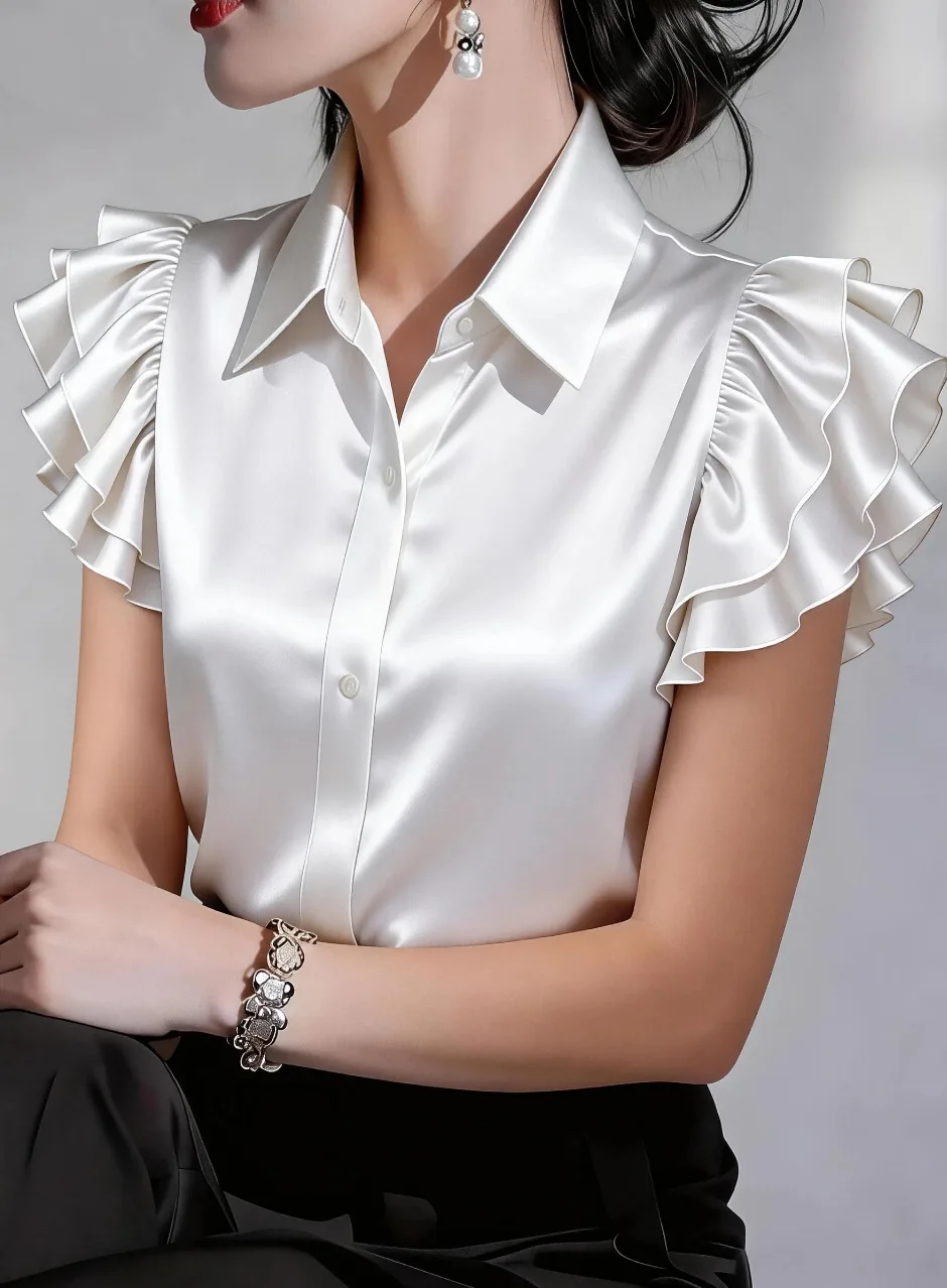 

2026 Summer Women's White Satin Blouses and Shirts Fashion Ruffle Short Sleeve Blouse Elegant Office Ladies Tops Blusas De Mujer