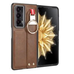 For Honor Magic V2 Case Luxury Leather Anti-Slip Flip Phone Case for Huawei Honor MagicV2 Wrist Strap Finger Ring Back Cover