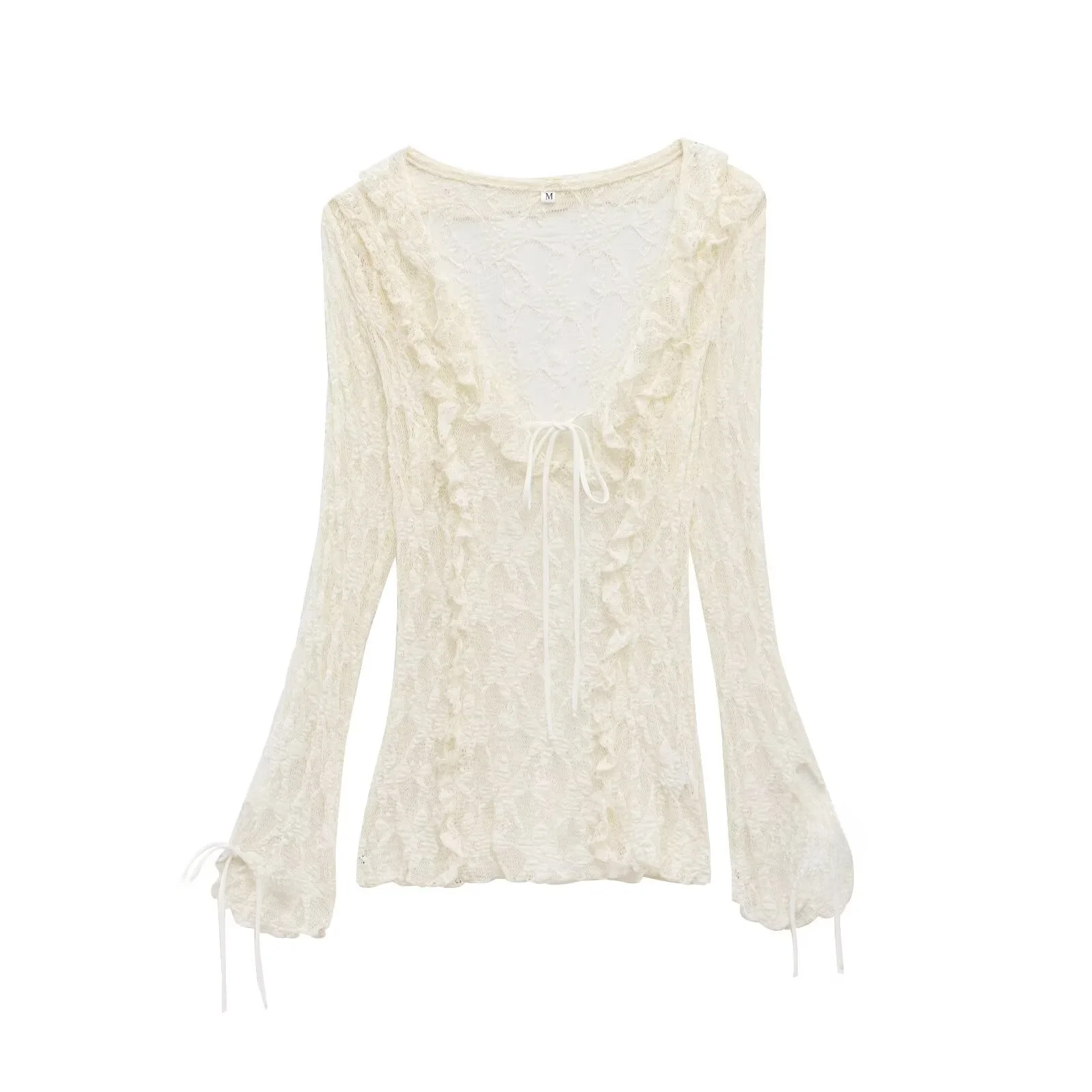 JNLEAOG 春の新作レディースファッションレースレイヤード装飾トップポリエステル繊維スリムフィット長袖 V ネック無地シャツ