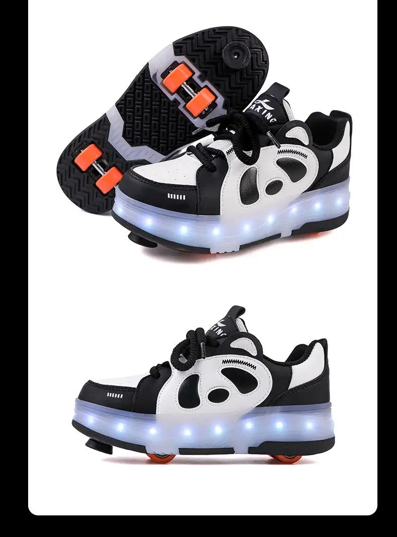 Children's Panda 4Weels Roller Skating Shoes for Boys Girls Shoes with LED Lights Breathable USB Charging Skate Shoes for Kids