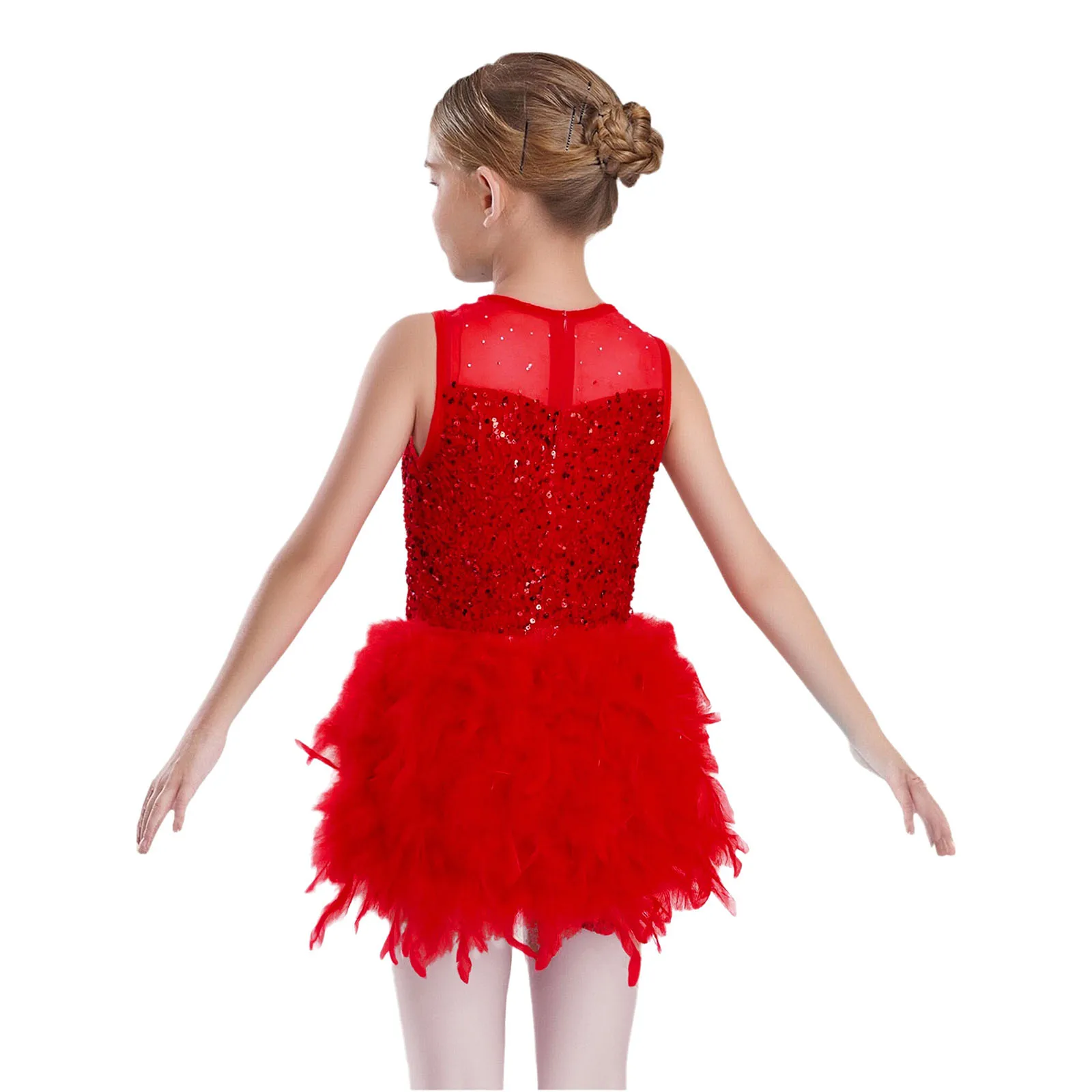 Meninas jazz dança desempenho traje ballet collant vestido brilhante lantejoulas corpete pena tule contornado veludo patinação tutu vestido